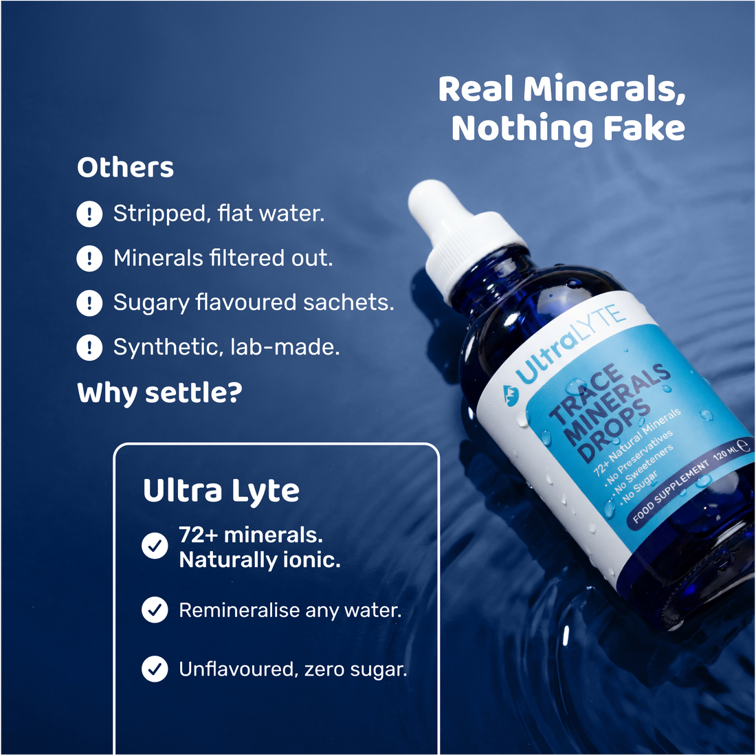 Botella de vidrio con gotas de minerales traza