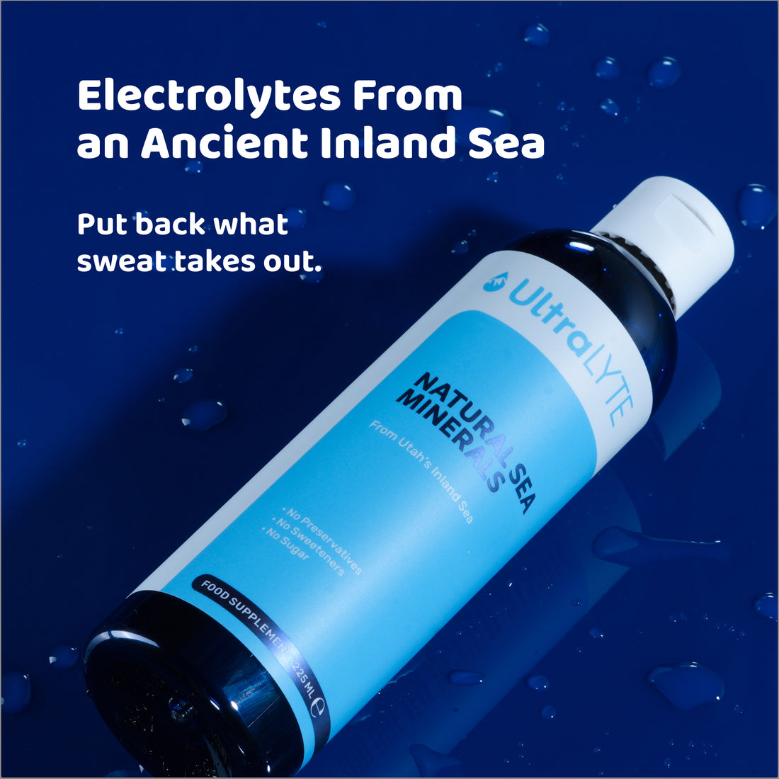 Ultra Lyte Natural Sea Minerals bottle on a dark blue background, with text about where the minerals come from