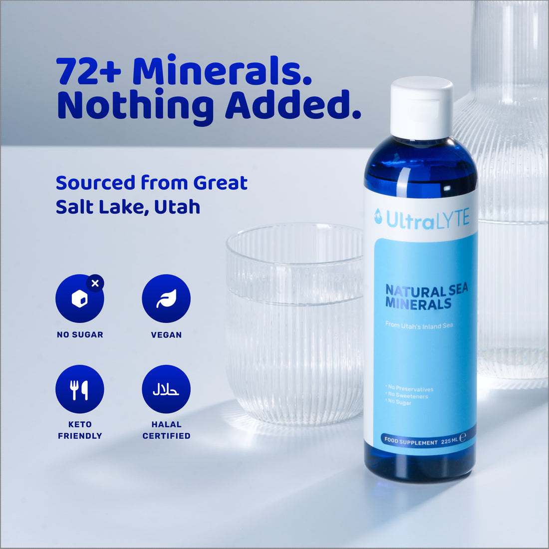Ultra Lyte Natural Sea Minerals bottle beside a glass of water, with dietary icons