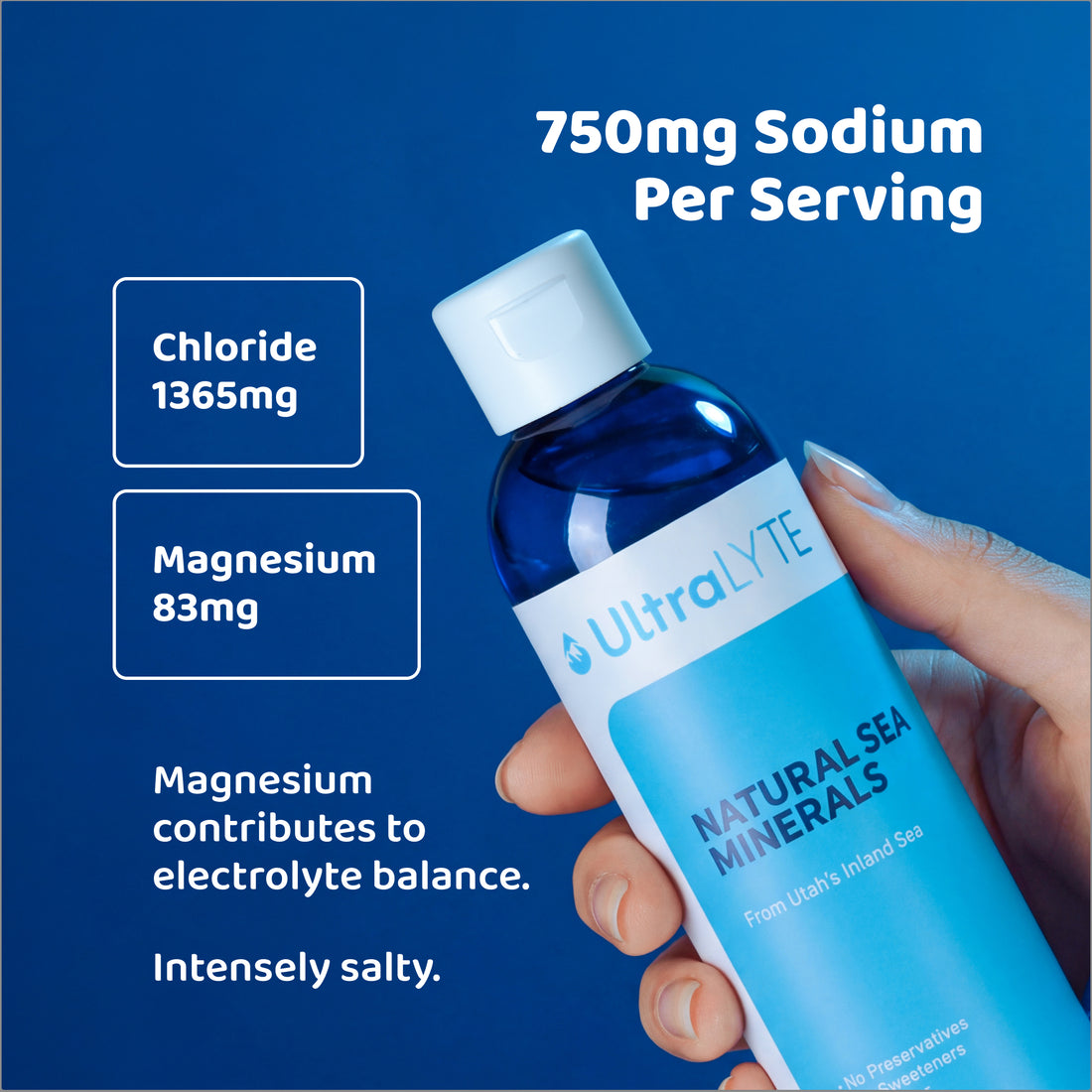 A hand holding the Ultra Lyte Natural Sea Minerals bottle, with the sodium, chloride and magnesium per serving