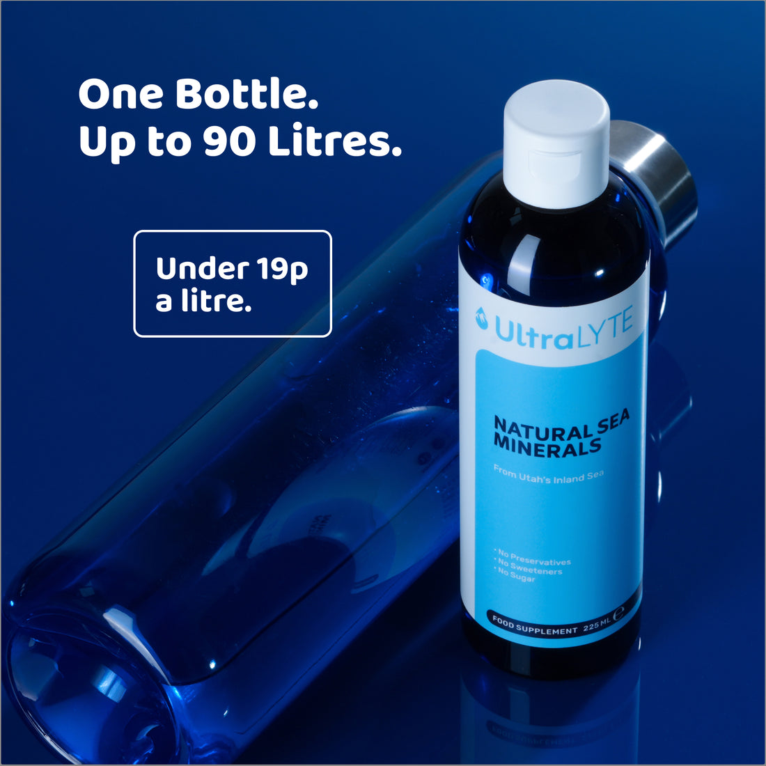 Ultra Lyte Natural Sea Minerals bottle on a dark blue background, with text about how many litres one bottle makes