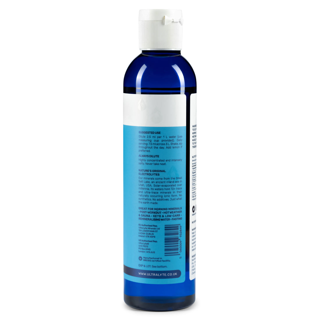 Ultra Lyte Natural Sea Minerals 225 ml bottle, side label with directions and the source story