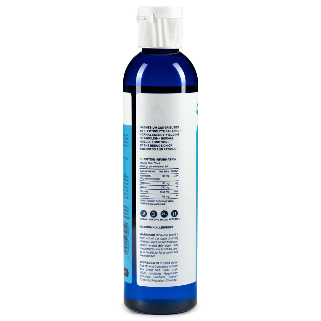 Ultra Lyte Natural Sea Minerals 225 ml bottle, back label with the nutrition information and ingredients