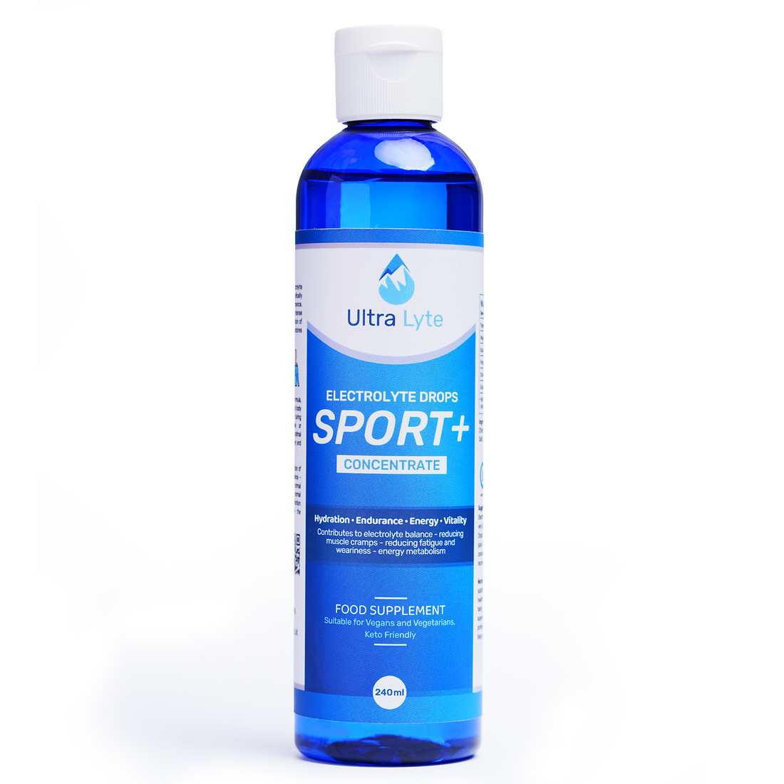 Ultra Lyte Electrolyte Drops Sport+ 240ml blue bottle with flip cap, front label packshot