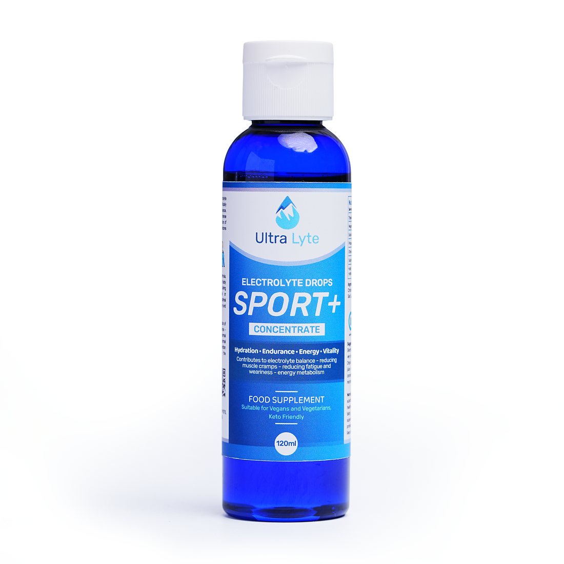 Ultra Lyte Electrolyte Drops Sport+ 120ml blue bottle with flip cap, front label packshot